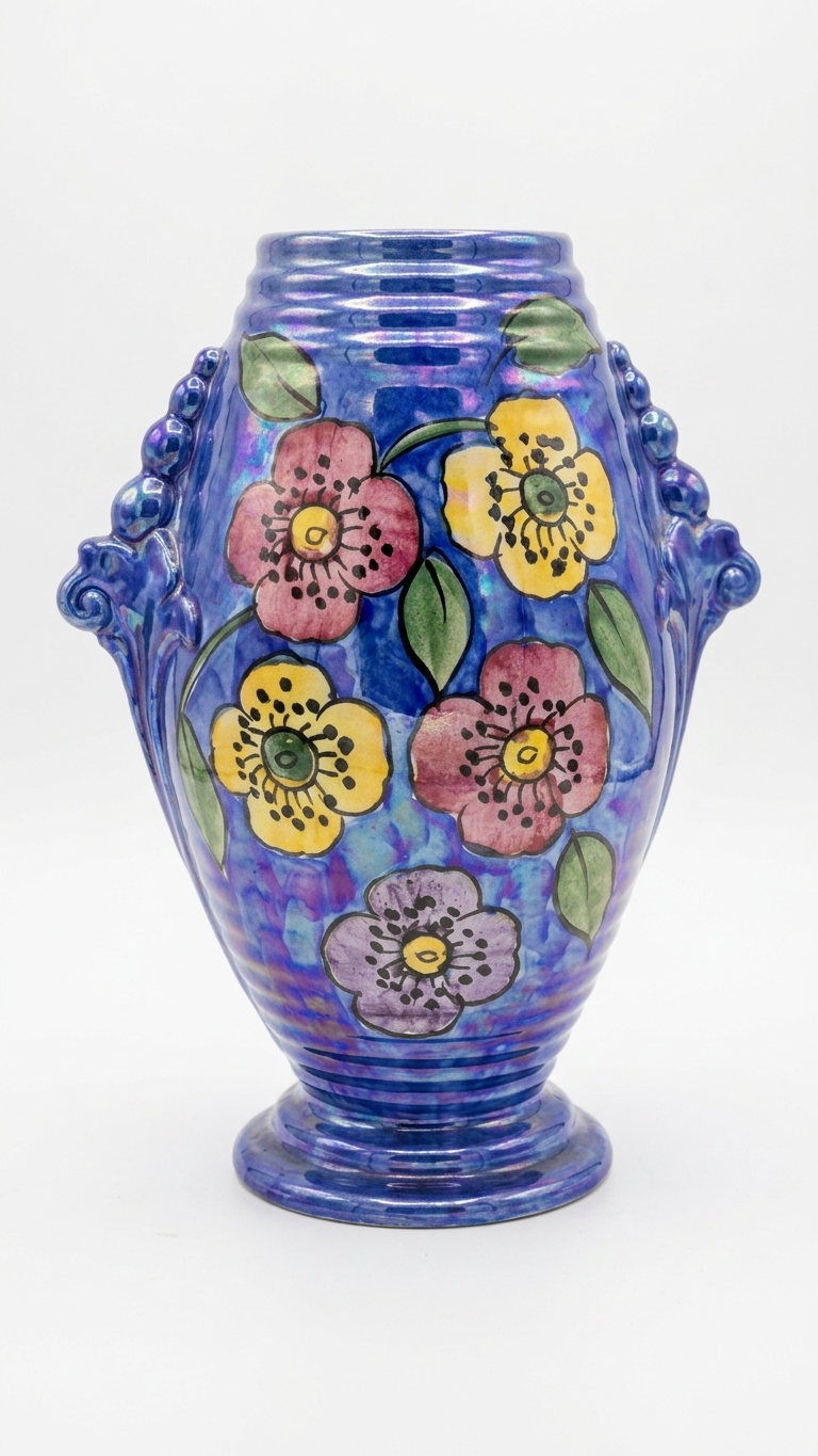 Kensington Ware Hand-painted Vintage Iridescent Cobalt Blue Floral Pottery Urn-shaped Vase - Decorative Statement Piece