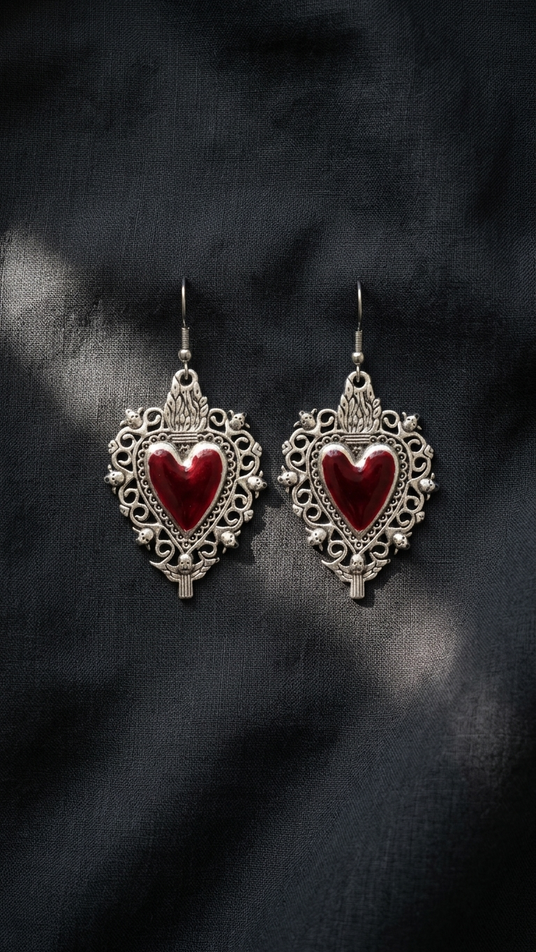 "Sacred Heart 3" - Mexican-style Red Enamel Filigree Earrings