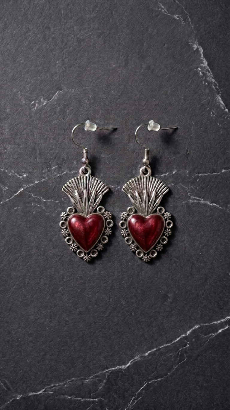 "Sacred Heart 1" - Mexican-style Filigree Religious Heart Earrings