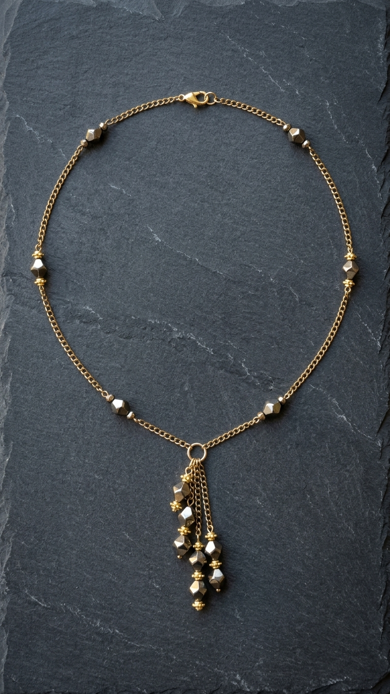 "Pyrite Prosperity" - Gold-tone Geometric Drop Necklace